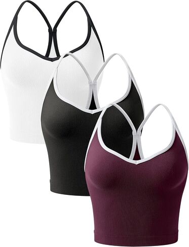 OLCHEE Womens 3PK Crop Tank Tops Seamless Ribbed Sweetheart Neck Racerback Spaghetti Straps Contrast Trim Workout Yoga Cami in Kuwait
