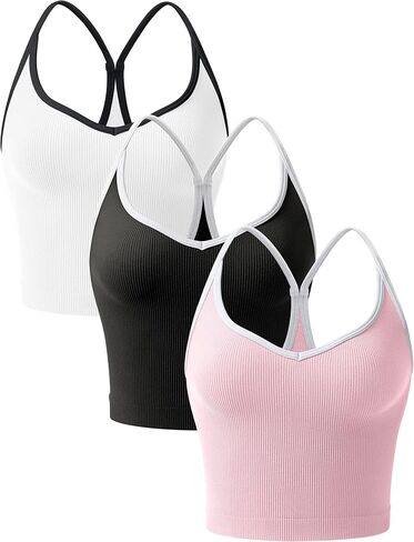 OLCHEE Womens 3PK Crop Tank Tops Seamless Ribbed Sweetheart Neck Racerback Spaghetti Straps Contrast Trim Workout Yoga Cami in Saudi Arabia