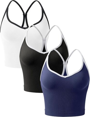 OLCHEE Womens 3PK Crop Tank Tops Seamless Ribbed Sweetheart Neck Racerback Spaghetti Straps Contrast Trim Workout Yoga Cami in Saudi Arabia