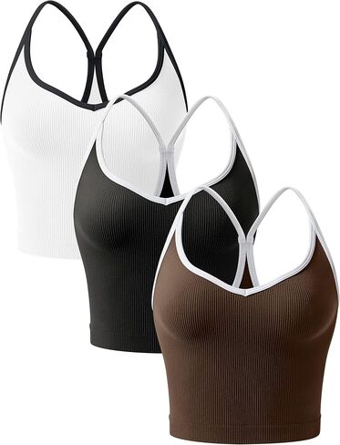 OLCHEE Womens 3PK Crop Tank Tops Seamless Ribbed Sweetheart Neck Racerback Spaghetti Straps Contrast Trim Workout Yoga Cami in Saudi Arabia
