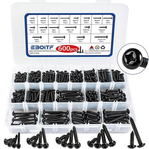 600 PCS 304 Stainless Steel Wood Screws Assortment Kit, Assorted Sheet Metal Screws #4/#6/#8/#10/#12 Phillips Pan Head Self-Tapping Screws Set,Assorted Wood Screws, Length 3/8" to 1-1/2" (Black) in Saudi Arabia