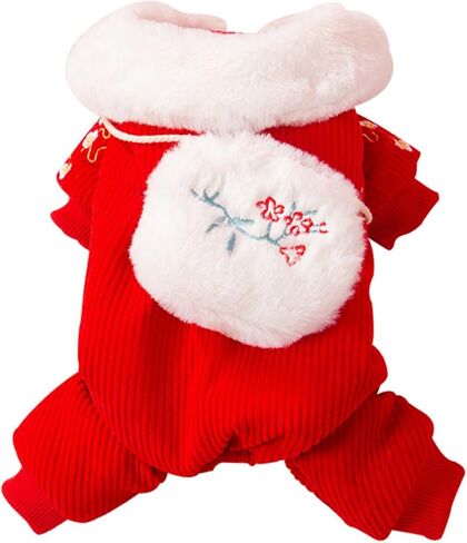 سميكة الأحمر الكلب السراويل الشتاء المخملية أربعة أرجل الكلب السراويل زهرة مطرزة الكلب السراويل عيد الميلاد السنة الجديدة الكلب الملابس in Kuwait