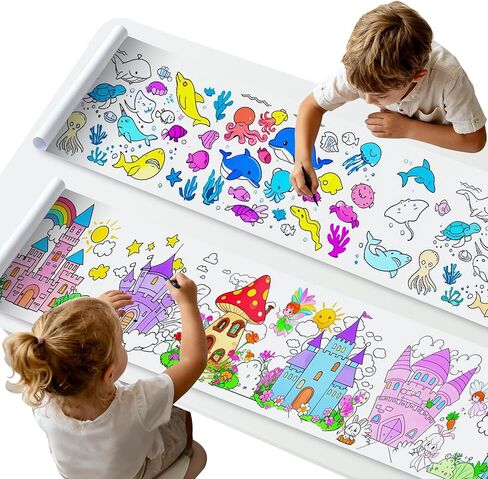 لفتان من ورق التلوين للأطفال، ورق رسم للأطفال الصغار، لفات فنية كبيرة خالية من الفوضى، ورق رسم يدوي الصنع مقاس 116 بوصة × 11.6 بوصة للحامل والمكتب والأرضيات وموضوعات الديناصورات والمركبات، هدايا تعليمية in Kuwait