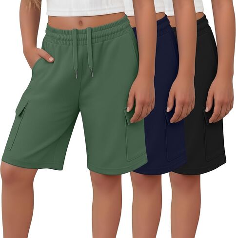 Ficerd 3 Pack Girl's Bermuda Shorts Cargo Elastic Drawstring Knee Length Shorts Athletic Loose SweatShorts with 4 Pockets in Saudi Arabia