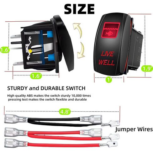 Live Well Rocker Switch with Jumper Wires, 12V/20A 24V/10A 5 Pin SPST ON Off Marine Heavy Duty Toggle Switch, Laser Etched Fish Tank Rocker Switch for Fishing Boat Sailboat Pontoon RV (Red) in Saudi Arabia