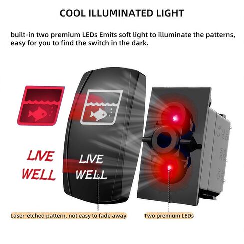 Live Well Rocker Switch with Jumper Wires, 12V/20A 24V/10A 5 Pin SPST ON Off Marine Heavy Duty Toggle Switch, Laser Etched Fish Tank Rocker Switch for Fishing Boat Sailboat Pontoon RV (Red) in Saudi Arabia