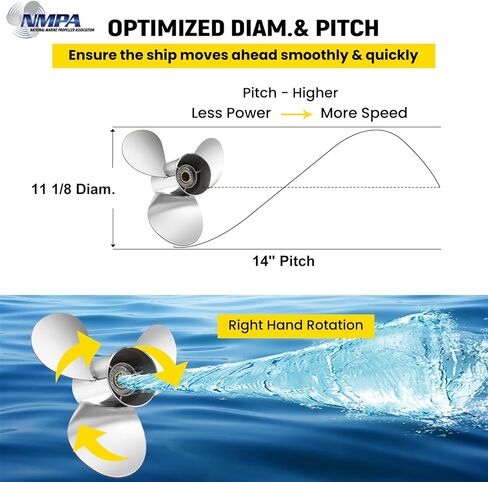 VIF 11 1/8x14 قارب من الفولاذ المقاوم للصدأ المروحة لياماها T25 40HP F40 50HP F50 F60 محركات خارجية، 13 سن، Rh in Kuwait