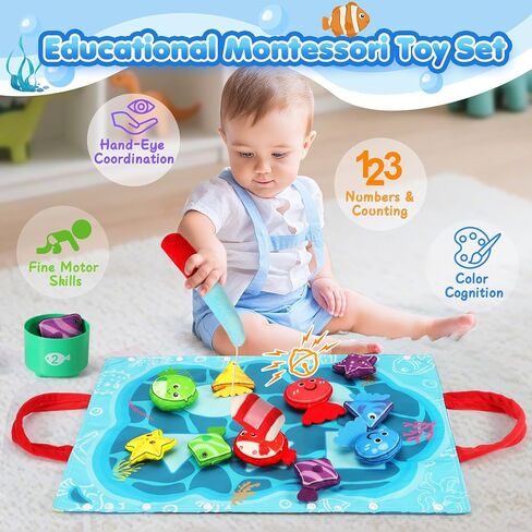Montessori Toys for 1 Year Old - 17 in 1 Cloth Toddler Fishing Game with Stacking Cups Color Sorting, Baby Toy 12-18 Months One Year Old Boy Birthday Gift, Toddler Toys for 1 2 Year Old Boy Girl Gifts in Kuwait