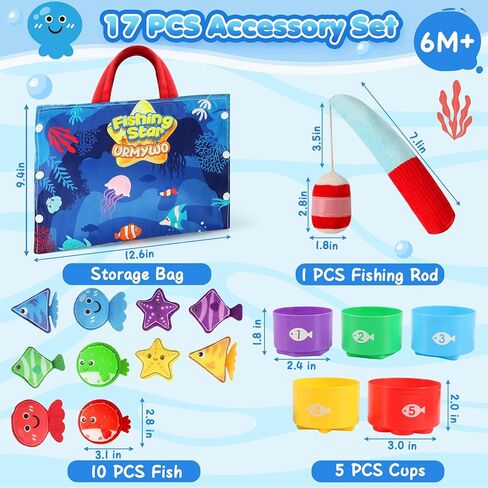 Montessori Toys for 1 Year Old - 17 in 1 Cloth Toddler Fishing Game with Stacking Cups Color Sorting, Baby Toy 12-18 Months One Year Old Boy Birthday Gift, Toddler Toys for 1 2 Year Old Boy Girl Gifts in Kuwait