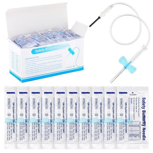 مجموعة 100 مجموعة من إبر الفراشة، مجموعة إبر جمع الدم مع حامل، عبوة فردية معقمة للمختبرات والطب البيطري (النمط 1،23 جرام × 3/4 بوصة × 12 بوصة، أزرق) in Kuwait