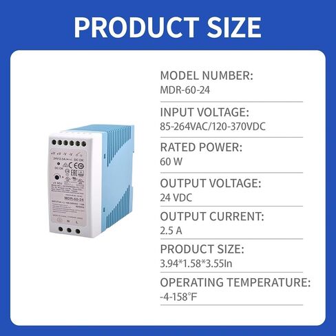 MDR-60-24 Industrial Power Supply | 24V 2.5A 60W | TS-35/7.5 Standard DIN-Rail Mounting | Ultra-Slim Design 40mm | High Efficiency 87% Low No-Load Loss | with DC OK Signal Feedback | 3-Year Warranty in Saudi Arabia