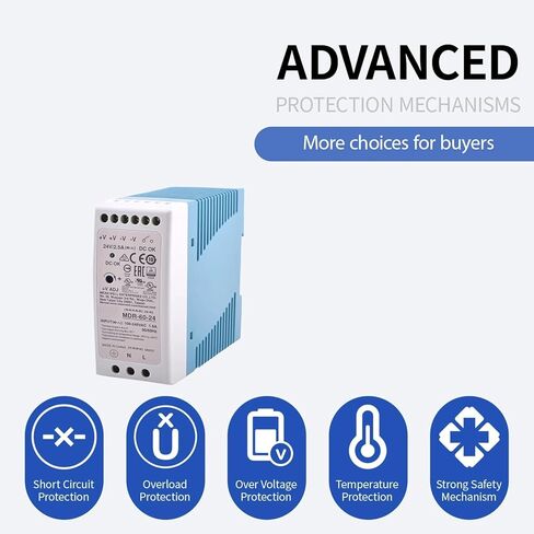 MDR-60-24 Industrial Power Supply | 24V 2.5A 60W | TS-35/7.5 Standard DIN-Rail Mounting | Ultra-Slim Design 40mm | High Efficiency 87% Low No-Load Loss | with DC OK Signal Feedback | 3-Year Warranty in Saudi Arabia