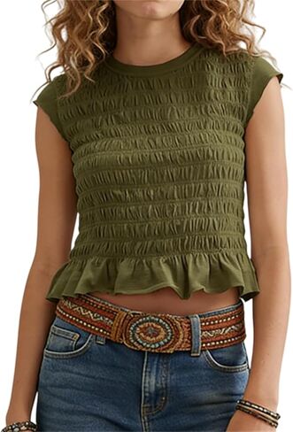 Women Tank top Summer Smocked Tops Cap Sleeve Ruffle Hem Shirred Shirt Y2k Going Out Tops Vacation Beach Outfits in Saudi Arabia