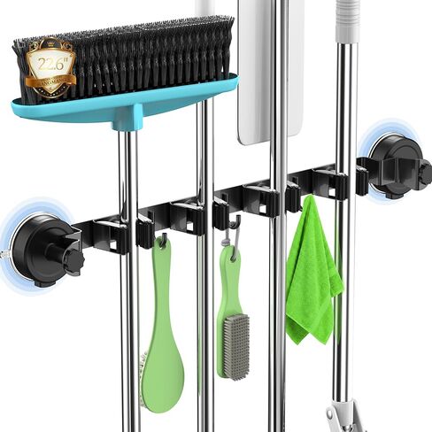 2026 Upgrade Broom Holder Wall Mount with Suction Cup, Broom and Mop Organizer Wall Hanging with 4 Racks & 3 Hooks, Removable and Reusable, Mop and Broom Hanger for Home Kitchen Laundry in Saudi Arabia