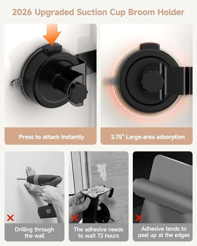 2026 Upgrade Broom Holder Wall Mount with Suction Cup, Broom and Mop Organizer Wall Hanging with 4 Racks & 3 Hooks, Removable and Reusable, Mop and Broom Hanger for Home Kitchen Laundry in Saudi Arabia