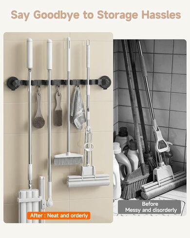 2026 Upgrade Broom Holder Wall Mount with Suction Cup, Broom and Mop Organizer Wall Hanging with 4 Racks & 3 Hooks, Removable and Reusable, Mop and Broom Hanger for Home Kitchen Laundry in Saudi Arabia