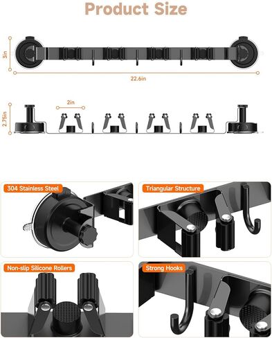 2026 Upgrade Broom Holder Wall Mount with Suction Cup, Broom and Mop Organizer Wall Hanging with 4 Racks & 3 Hooks, Removable and Reusable, Mop and Broom Hanger for Home Kitchen Laundry in Saudi Arabia