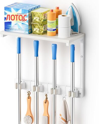 Olakee Broom Holder Wall Mount with Cleaning Supplies Organizer, Laundry Room Organization and Storage Shelves, Mop Hanger Rack with Hooks, Utility Shelf Closet Organizer for Garage Home Improvement in Kuwait