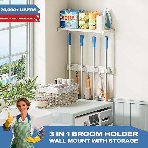 Olakee Broom Holder Wall Mount with Cleaning Supplies Organizer, Laundry Room Organization and Storage Shelves, Mop Hanger Rack with Hooks, Utility Shelf Closet Organizer for Garage Home Improvement in Kuwait