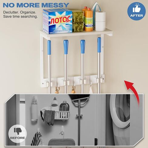 Olakee Broom Holder Wall Mount with Cleaning Supplies Organizer, Laundry Room Organization and Storage Shelves, Mop Hanger Rack with Hooks, Utility Shelf Closet Organizer for Garage Home Improvement in Kuwait