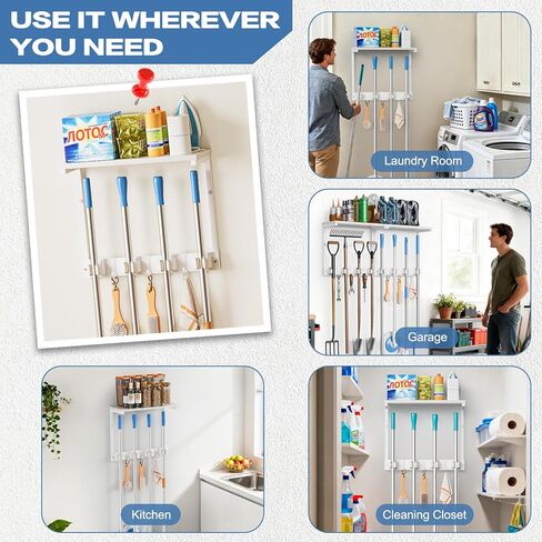 Olakee Broom Holder Wall Mount with Cleaning Supplies Organizer, Laundry Room Organization and Storage Shelves, Mop Hanger Rack with Hooks, Utility Shelf Closet Organizer for Garage Home Improvement in Kuwait