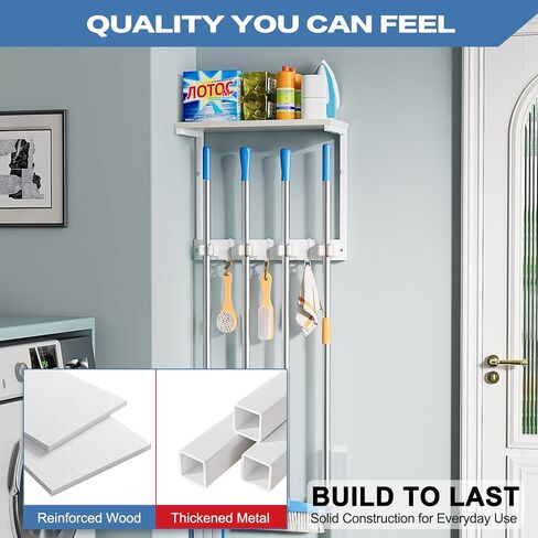 Olakee Broom Holder Wall Mount with Cleaning Supplies Organizer, Laundry Room Organization and Storage Shelves, Mop Hanger Rack with Hooks, Utility Shelf Closet Organizer for Garage Home Improvement in Kuwait