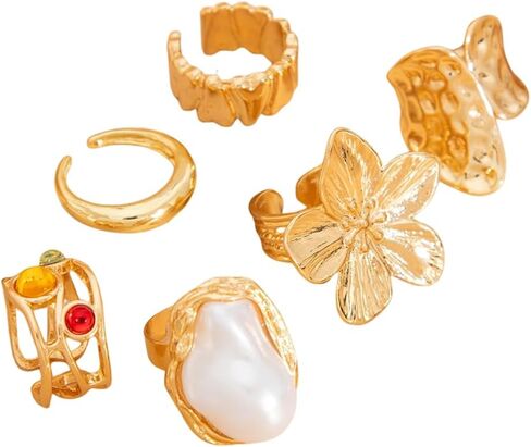 Gemstone Ring Set for Women Gold Ring Trendy Adjustable Stackable Statement Chunky Ring in Kuwait