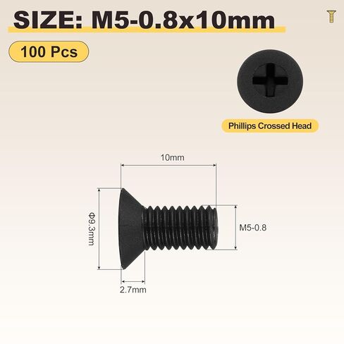 METALLIXITY Phillips Flat Head Machine Screws Bolts (M5-0.8x10) 100Pcs, Nylon Countersunk Cross Screws - for Household Indoor Maintenance Installment DIY, Black in Saudi Arabia