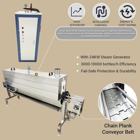 Professional Steam Shrink Label Sealing Machine 5.6FT/1.7m Tunnel, 24KW Generator, 3000-10000 Bottles/H for PVC/PP/POF/PET Films, Stainless Steel, for Beverage/Daily Necessities Bottles 220V in Kuwait