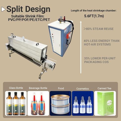 Professional Steam Shrink Label Sealing Machine 5.6FT/1.7m Tunnel, 24KW Generator, 3000-10000 Bottles/H for PVC/PP/POF/PET Films, Stainless Steel, for Beverage/Daily Necessities Bottles 220V in Kuwait