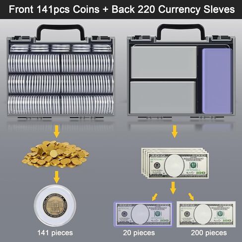 كبسولات حامل العملات المعدنية من FULLCASE مقاس 46 مم مع 6 أحجام من الفوم (141 قطعة)، وأكمام للعملات الورقية الصلبة (20 قطعة)، وأكمام ناعمة بالدولار (200 قطعة) صندوق منظم للتخزين (أبيض) in Kuwait