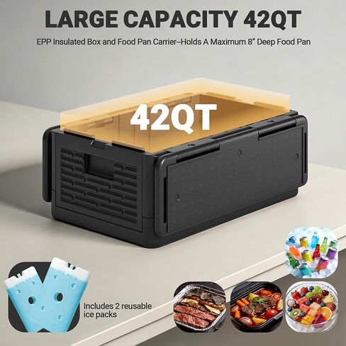 42QT EPP Insulated Catering Hot Box, Top Load Collapsible Food Pan Carrier with 2 Reusable Ice Packs, Holds Full & Half-Size 8″ Deep Pans, Portable with Handles, for Outdoor, BBQ, Buffet in Saudi Arabia