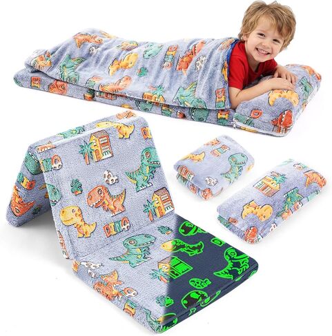 Toddler Nap Mat with Removable Pillow and Blanket, Foldable Floor Mattress for Kids, All-in-one Sleeping Bag for Preschool Daycare Travel Camping Sleep Mat, 21" x 50" in Saudi Arabia