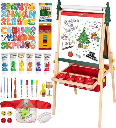 DJAR Kids Art Easel with Paper Roll, Christmas Tree Design Wooden Chalkboard & Magnetic Whiteboard, Adjustable Easel for Boys & Girls Ages 3–12 in Kuwait