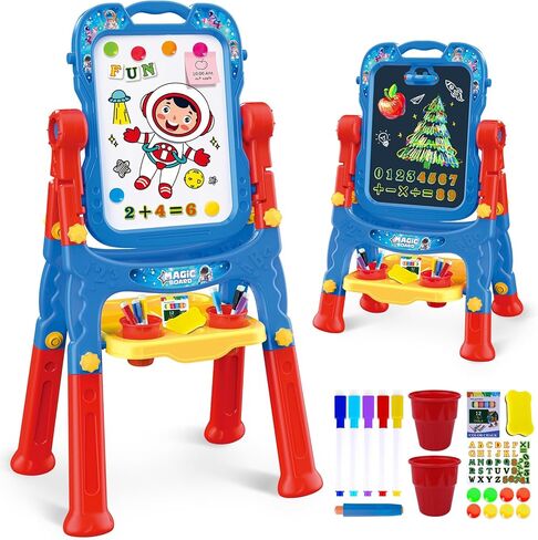 حامل فني للأطفال - لوح أبيض مغناطيسي قابل للتعديل على الوجهين مع ملحقات للرسم، لعبة تعليمية لمرحلة ما قبل المدرسة للفتيات من عمر 3 إلى 5 سنوات، هدية مثالية لعيد الميلاد (وردي) in Kuwait