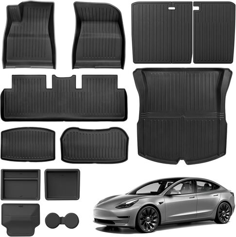 سجادات أرضية Weize مناسبة لطراز Tesla 3 Highland 2025 2024، سجادات أرضية بطانة البضائع TPE لجميع الأحوال الجوية وملحقات سجادات صندوق الشحن الأمامية والخلفية مجموعة كاملة من 8 قطع in Kuwait