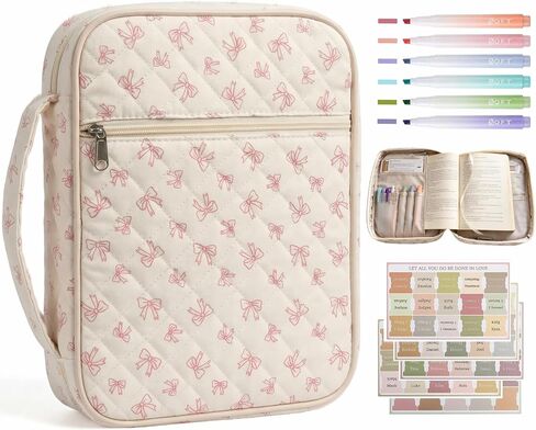 حافظة كبيرة لتغطية الكتاب المقدس للنساء - حقيبة حمل الكتاب المقدس مبطنة مع مقبض متين وجيب بسحاب، منظم غطاء الكتاب المقدس الواقي مع مجموعة لوازم دراسة الكتاب المقدس، القوس الوردي in Kuwait