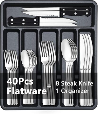 BEWOS 49-Piece Silverware Set with Organizer - Stainless Steel Silverware Set for 8 with Steak Knives and Drawer Organizer, Mirror Polished Flatware Set for Home and Restaurant, Dishwasher Safe in Saudi Arabia