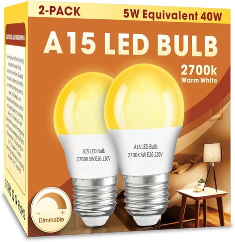 A15 مصباح LED 2 حزمة، 5W 2700K مصباح طاولة دافئ يعادل 40 واط لمبات الإضاءة، 120 فولت E26 قاعدة لمبة إضاءة صغيرة لإضاءة المنزل، غرفة النوم، المكتب، الشرفة، عكس الضوء in Saudi Arabia