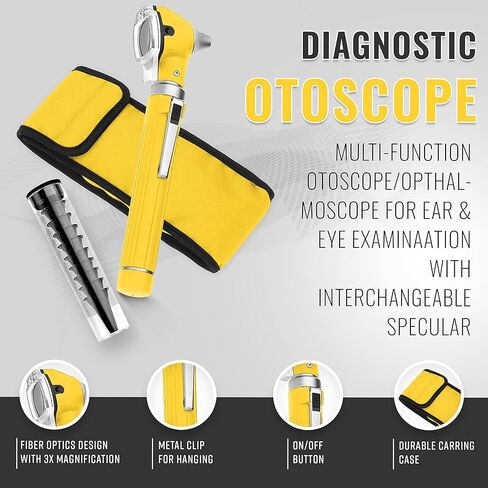 SURGICAL ONLINE Fiber Optic Mini Otoscope Rainbow Many Colors - Pocket Otoscope with Case ENT Diagnostic Set w/Extra Bulb Included (Yellow) in Saudi Arabia