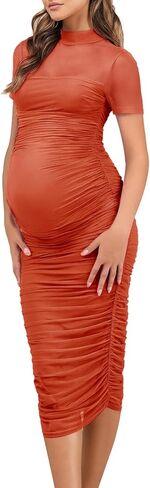 Mesh Long Maternity Photoshoot Dress:Ruched Short Sleeve Sexy Mock Neck Bodycon Dresses Semi Formal Wedding Guest Baby Shower Pregnancy Clothes Summer(White L) in Saudi Arabia