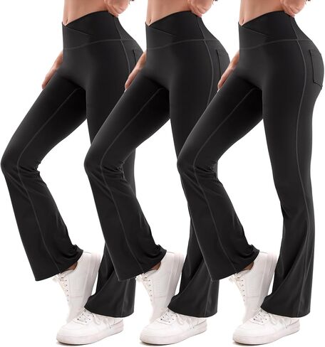 Flare Leggings for Women with Pockets 3 Packs - High Waisted Black Yoga Pants Crossover Bootcut Stretchy Flare Pants in Saudi Arabia