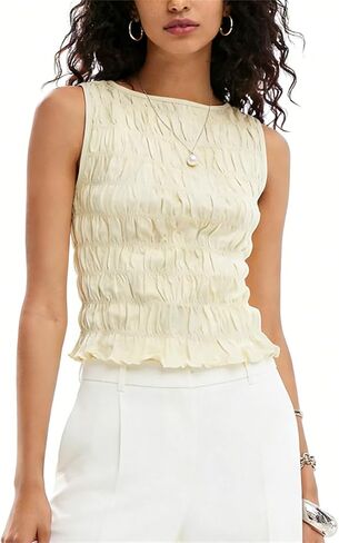 Women Shirred Tank Top Summer Smocked Tops Sleeveless Ruffle Hem Graphic Pleated Shirt Y2k Going Out Vacation Tops in Saudi Arabia