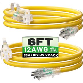 POWGRN 25 ft 12/3 Outdoor Extension Cord Waterproof Heavy Duty with Lighted Indicator End 12 Gauge 3 Prong, Flexible Cold-Resistant Long Power Cord Outside, 15Amp 1875W SJTW Yellow ETL Listed in Saudi Arabia