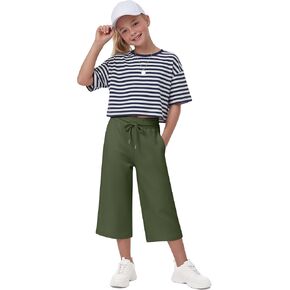 Halfchet Girls Capri Pants Wide Leg Baggy Cropped Sweatpants Loose Fit Casual Basic Capris with Pockets for Ages 5-14 in Kuwait