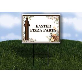 Easter Pizza Party Easter Spring Vintage Chicks Eggs Basket Brown Up Arrows A-Frame Single Sided 23x23 in. sign in Kuwait