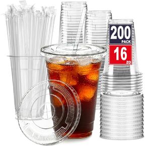 عبوة من 200 قطعة من أرتليميرز - أكواب بلاستيكية شفافة سعة 16 أونصة مع أغطية وقش، أكواب قهوة مثلجة للاستعمال مرة واحدة مع أغطية للمشروبات الباردة، كوب عصير كريستال تو جو، ميلك شيك، العصائر، ملحقات القهوة in Kuwait