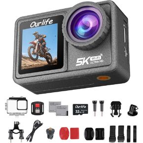 5K WiFi Action Camera with Front LCD & Touch Screen,EIS 100FT Waterproof Underwater Camera 170°Ultra Wide Angle 5X Zoom Sports Camera with 2.4G 15M Remote Control 32GB Memory Card and Accessories in Kuwait