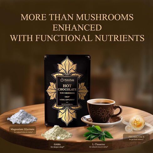Mushroom Hot Cocoa with Magnesium Glycinate & L-Theanine, GABA | 10-Mushroom Blend with Lion’s Mane & Reishi | Supports Calm Focus & Relaxation | Cacao Powder, No Melatonin | Keto & Vegan | 8.5 OZ in Saudi Arabia