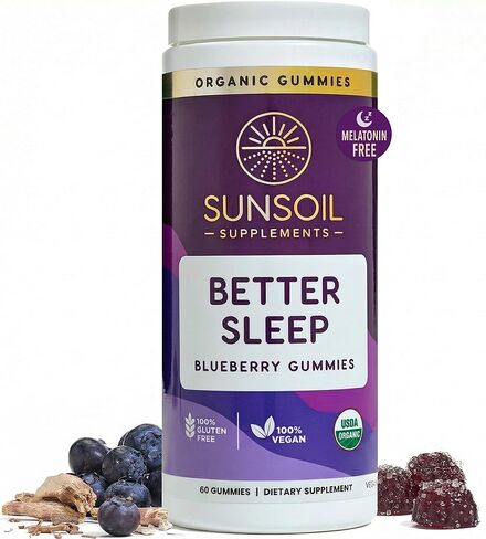 صمغ عضوي من Sunsoil Better Sleep، خالي من الميلاتونين، أشواغاندا، عضوي معتمد من وزارة الزراعة الأمريكية، نباتي، خالي من الغلوتين، دعم النوم in Saudi Arabia